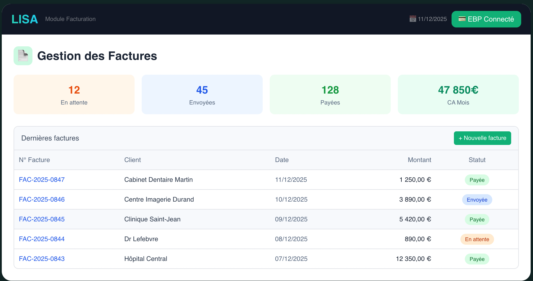 Facturation internalisée, exportable ou connectée à votre logiciel