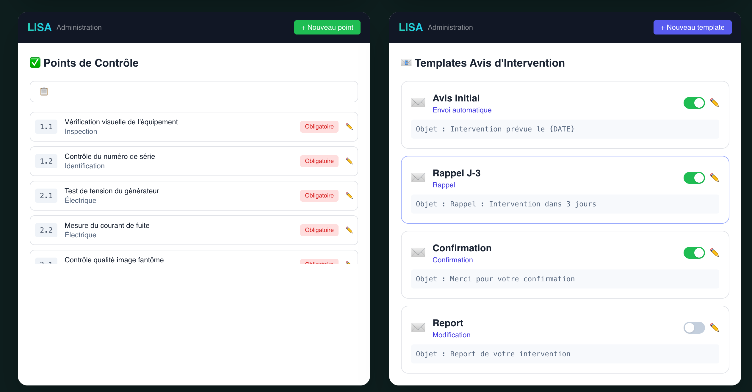 Templates d’avis, non-conformités et synchronisations